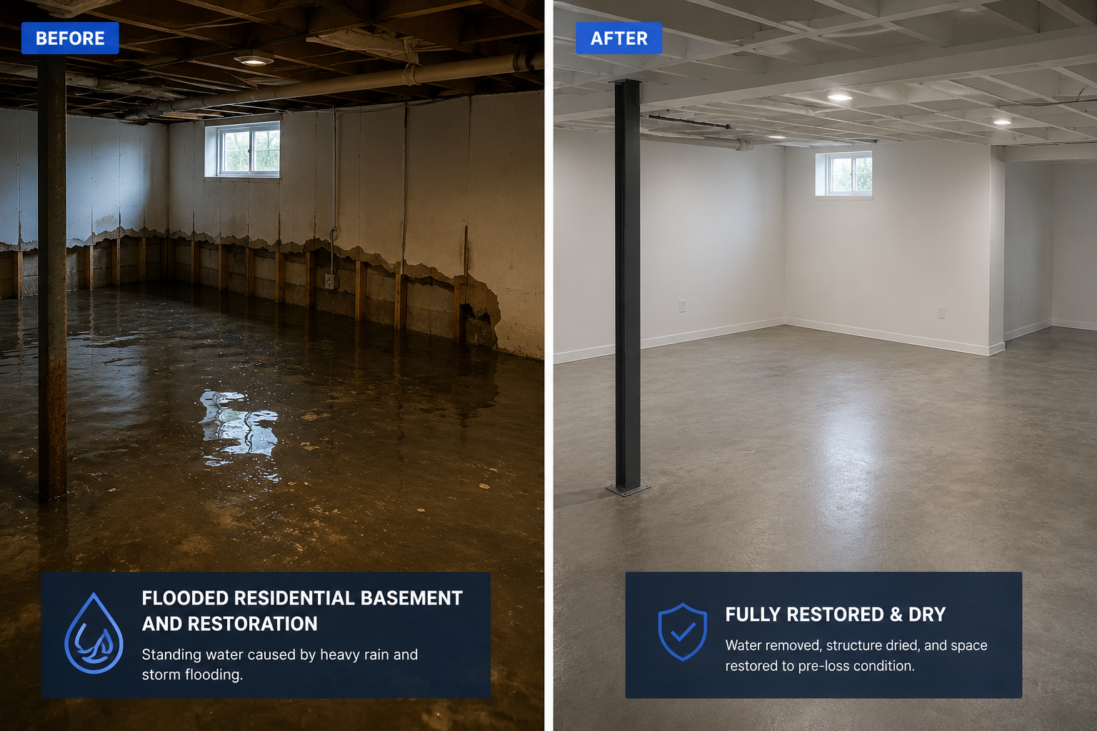 Flooded residential basement before and after professional water damage restoration